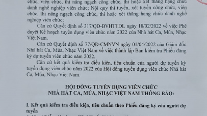 Thông báo  Kết quả kiểm tra điều kiện, tiêu chuẩn của người dự tuyển viên chức năm 2022 của Nhà hát Ca, Múa, Nhạc Việt Nam